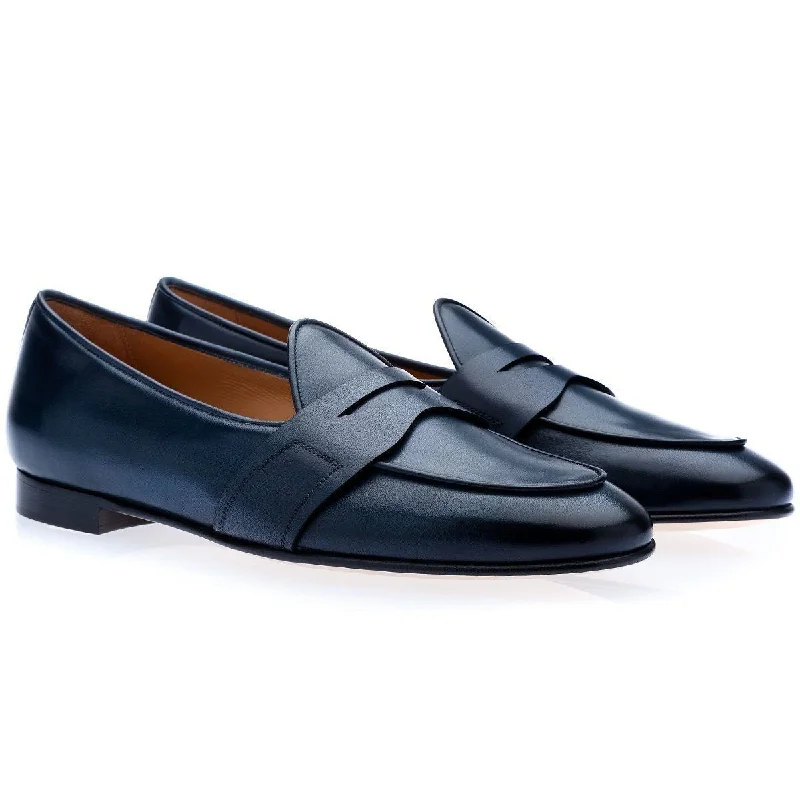 loafers for fashionable formal wear-SUPERGLAMOUROUS Tangerine 9 Toledo Men's Shoes Navy Hand-Painted Leather Penny Loafers (SPGM1122)