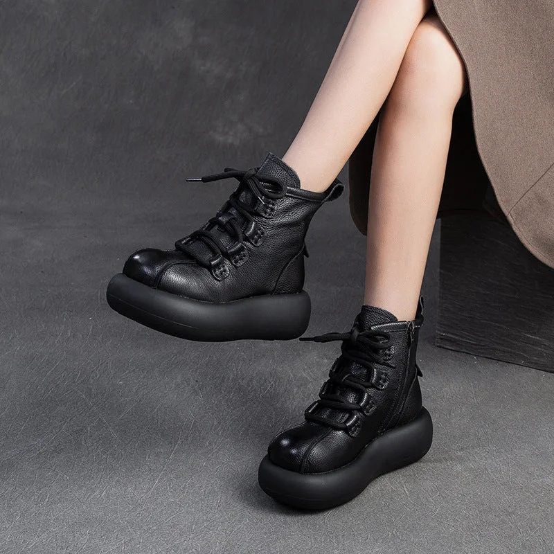 lace-up boots for winter-Women Retro Minimalism Leather Platform Boots