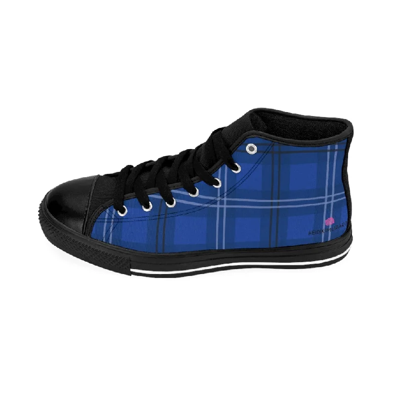 white gym athletic shoes-Blue Plaid Women's High-top Sneakers, Tartan Print Ladies' Fashionable Tennis Shoes (US Size: 6-12)