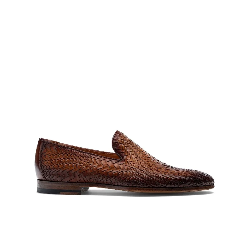 loafers with classic penny strap-Magnanni 22702 Herrera Men's Shoes Brown Woven Leather Slip-On Loafers (MAGS1009)